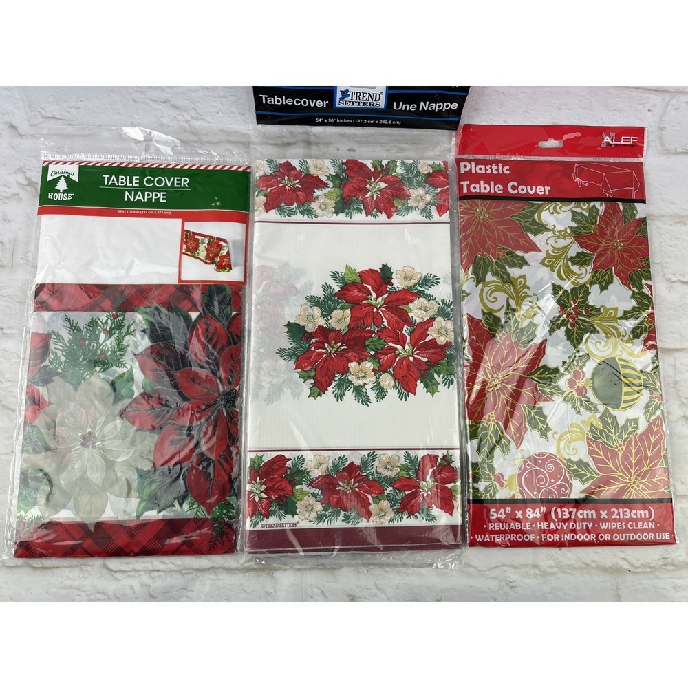 VTG Christmas Poinsettia Tablecloths Lot of 3 Table Covers 54x84, 54x96, 54x108"